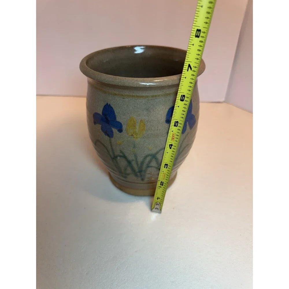 Studio art pottery pot. Vintage rustic brown with blue flowers